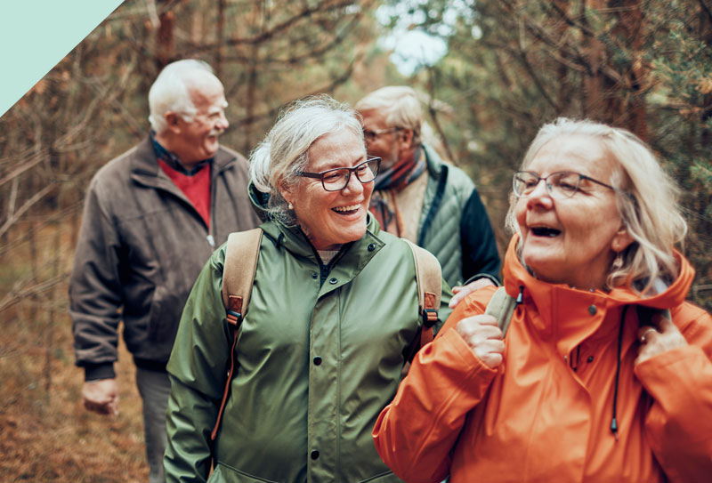 A group of older people hiking in the woods.